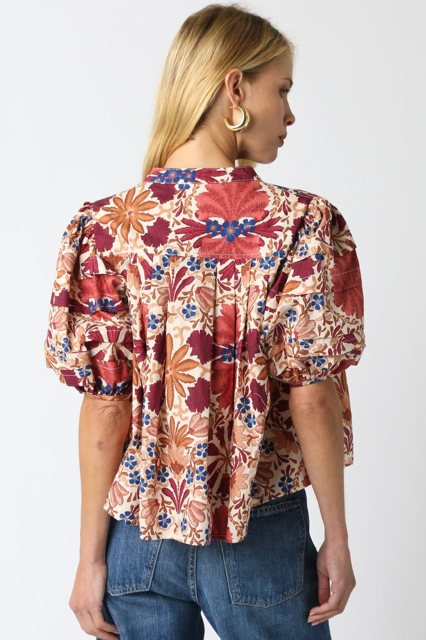 Bria Floral Balloon Shirt- Cream/Rust