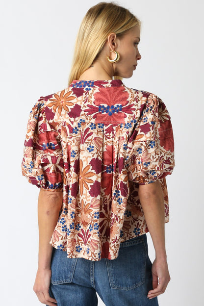 Bria Floral Balloon Shirt- Cream/Rust