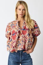 Bria Floral Balloon Shirt- Cream/Rust