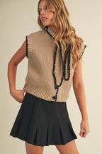 Tie Neck Sweater- Tan/Black