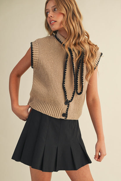 Tie Neck Sweater- Tan/Black