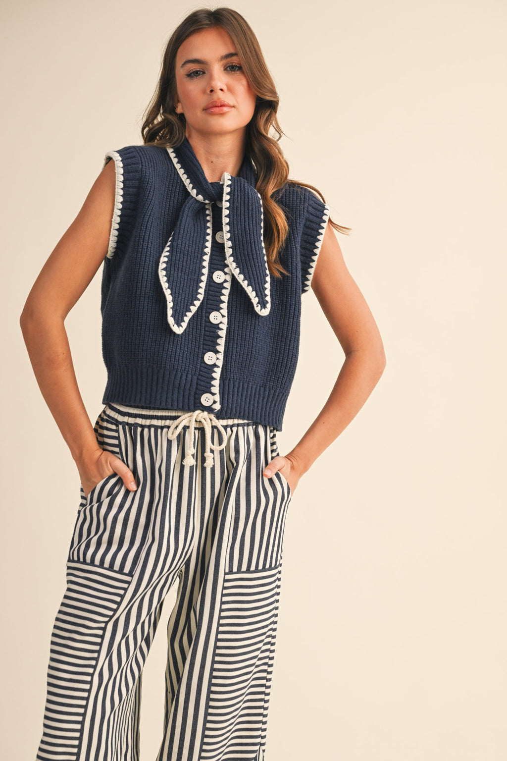 Tie Neck Sweater- Navy/White