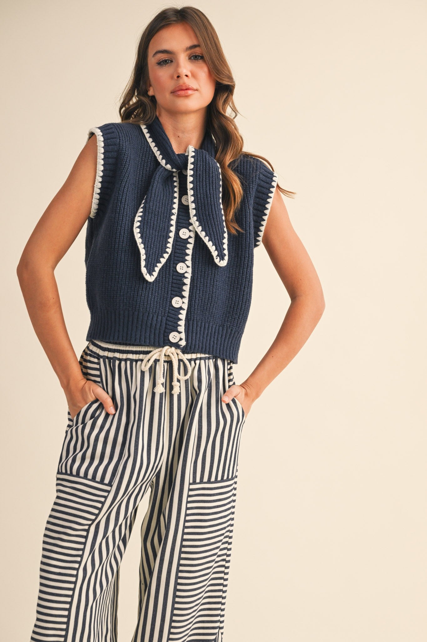 Tie Neck Sweater- Navy/White