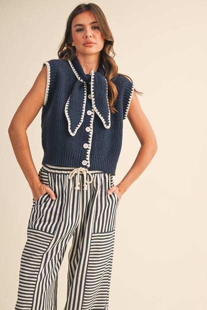Tie Neck Sweater- Navy/White