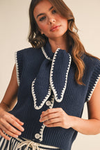 Tie Neck Sweater- Navy/White