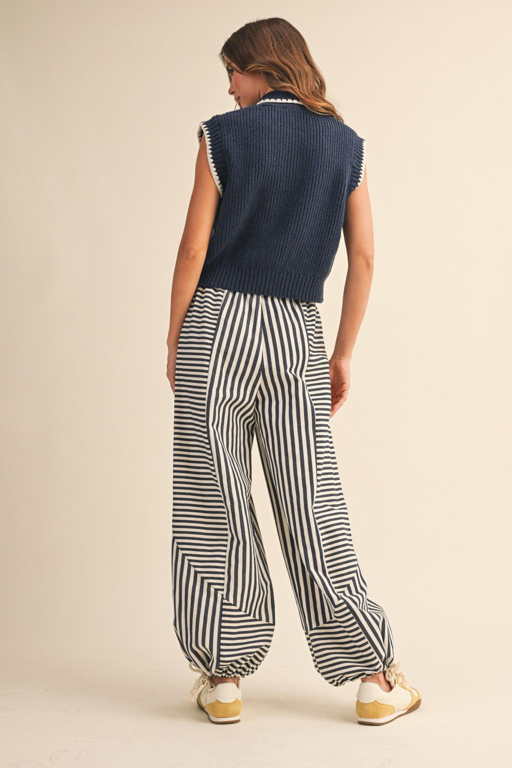 Tie Neck Sweater- Navy/White