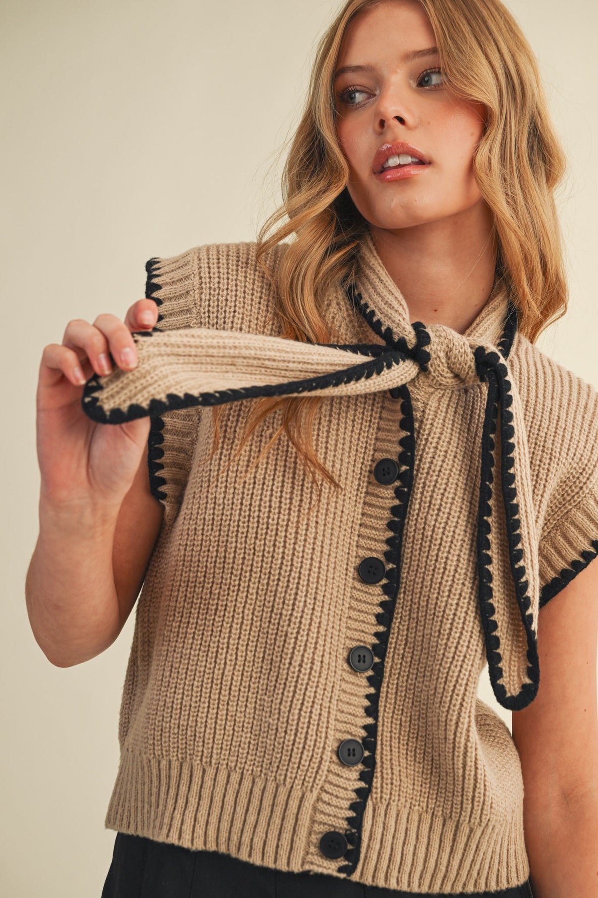 Tie Neck Sweater- Tan/Black