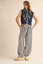 Tie Neck Sweater- Navy/White