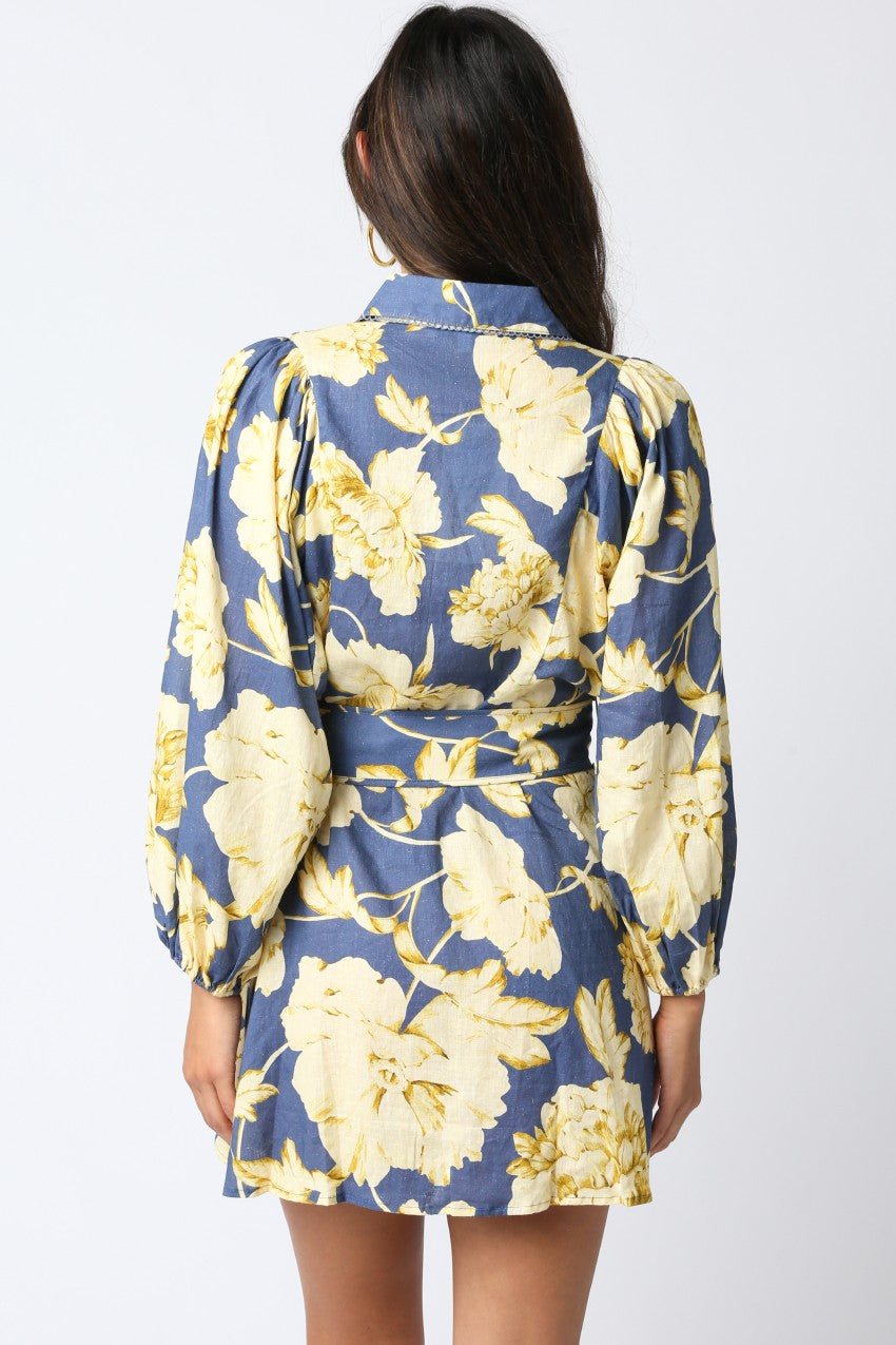 Eve Floral Belt Dress- Blue/Yellow