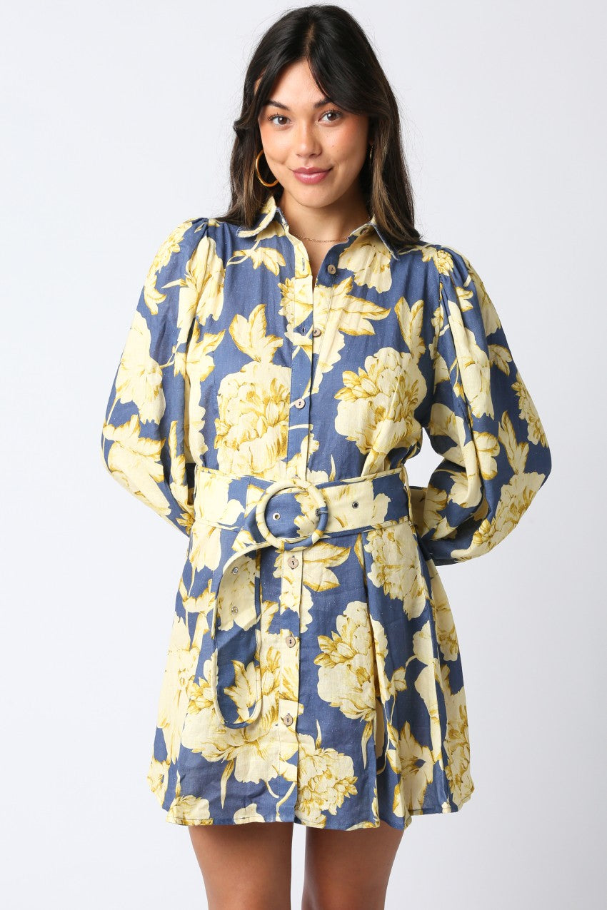 Eve Floral Belt Dress- Blue/Yellow