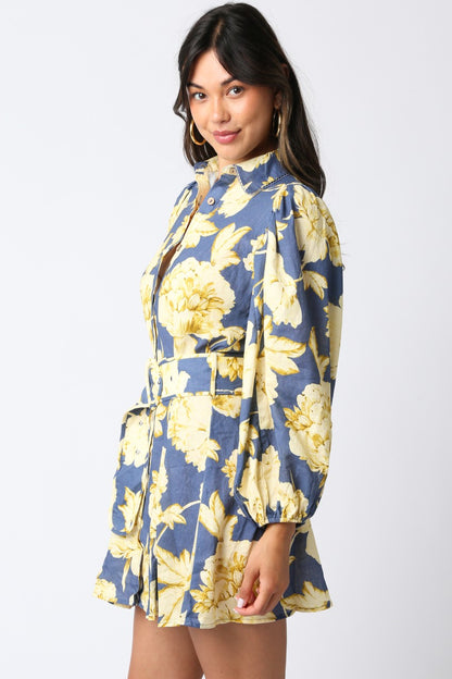 Eve Floral Belt Dress- Blue/Yellow