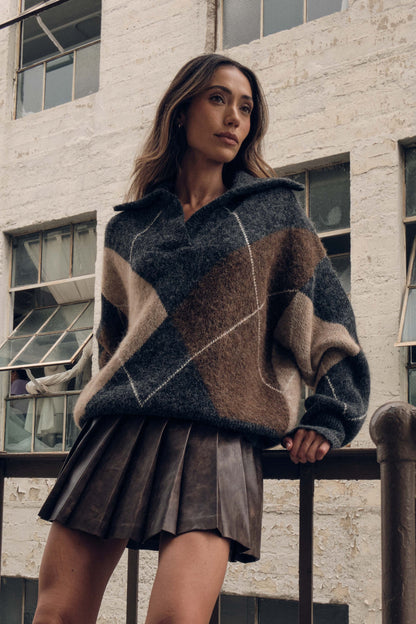 Argyle Plaid Sweater- Charcoal