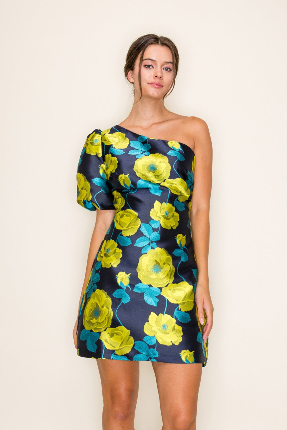 Astoria One Shoulder Mini Dress- Navy/Lime