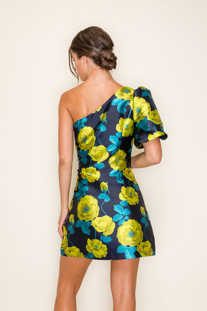 Astoria One Shoulder Mini Dress- Navy/Lime
