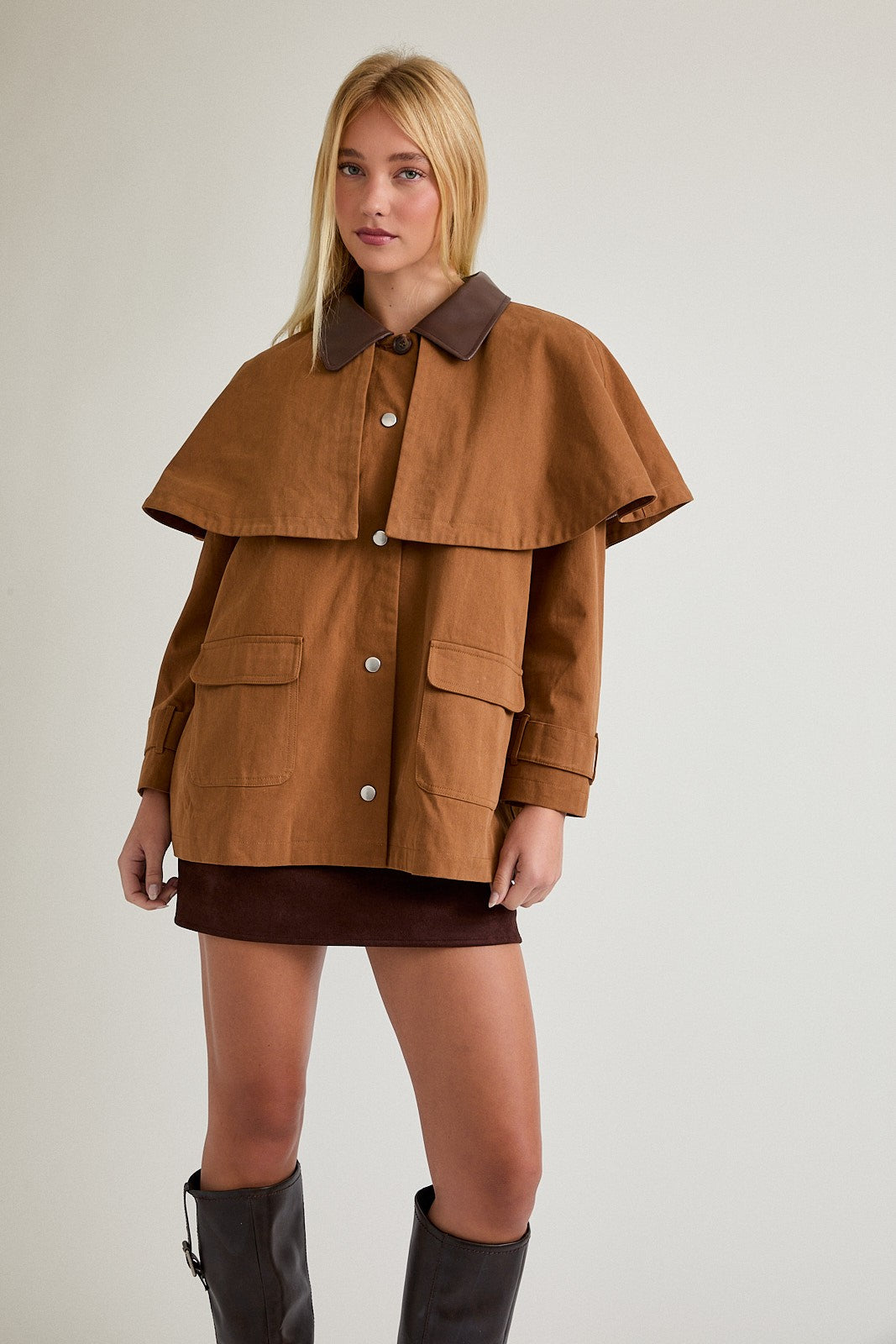 Cape Jacket with Contrast Collar- Brown