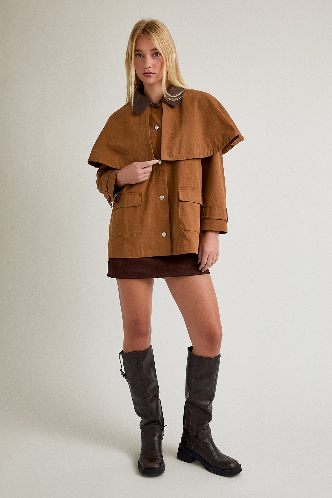 Cape Jacket with Contrast Collar- Brown
