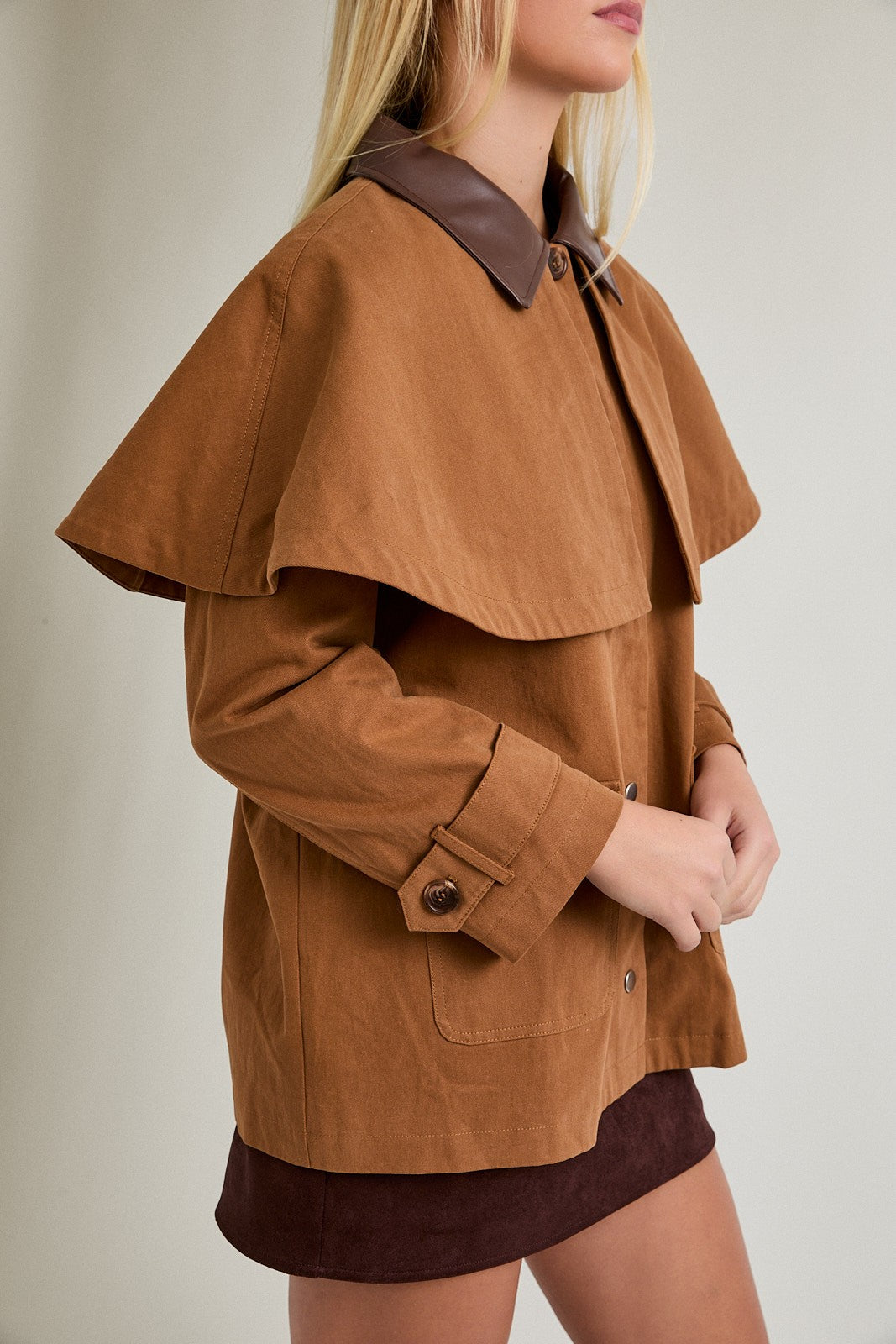 Cape Jacket with Contrast Collar- Brown