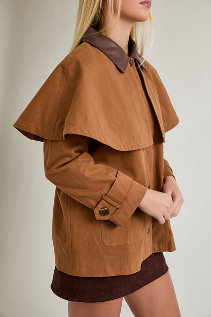 Cape Jacket with Contrast Collar- Brown