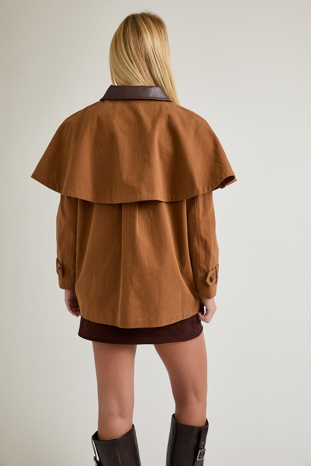 Cape Jacket with Contrast Collar- Brown