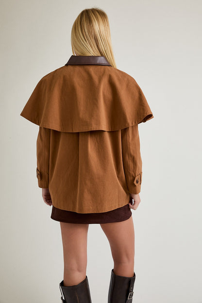 Cape Jacket with Contrast Collar- Brown