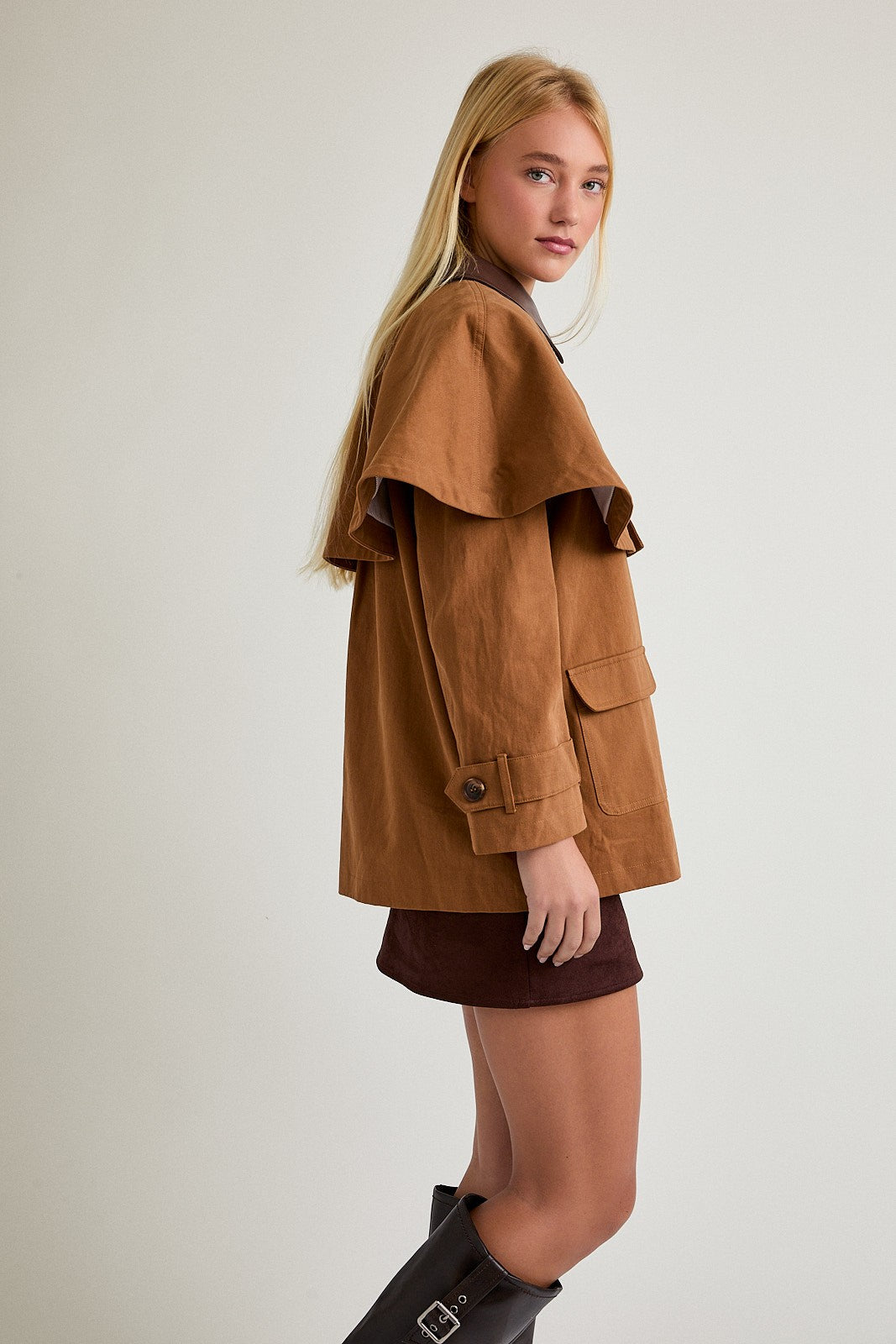 Cape Jacket with Contrast Collar- Brown