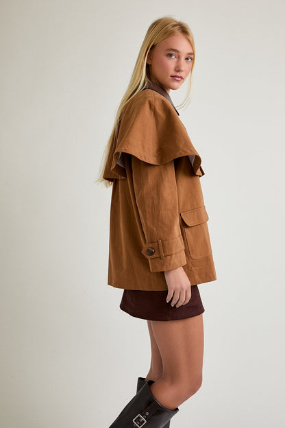 Cape Jacket with Contrast Collar- Brown
