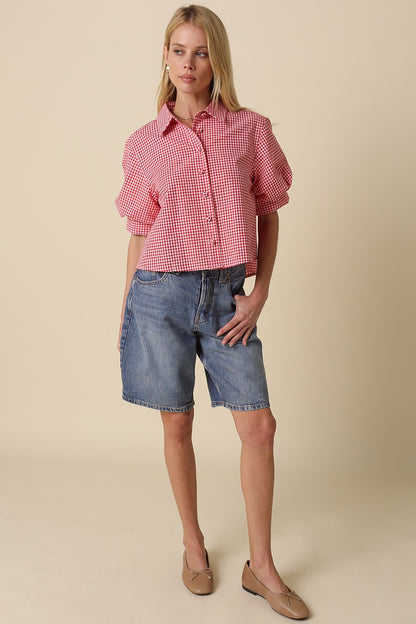 Kelsie Gingham Puff Shirt- Red
