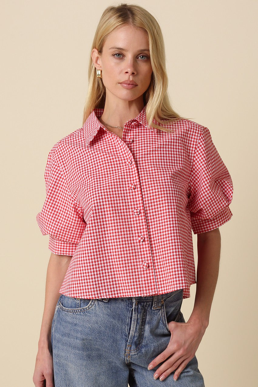 Kelsie Gingham Puff Shirt- Red