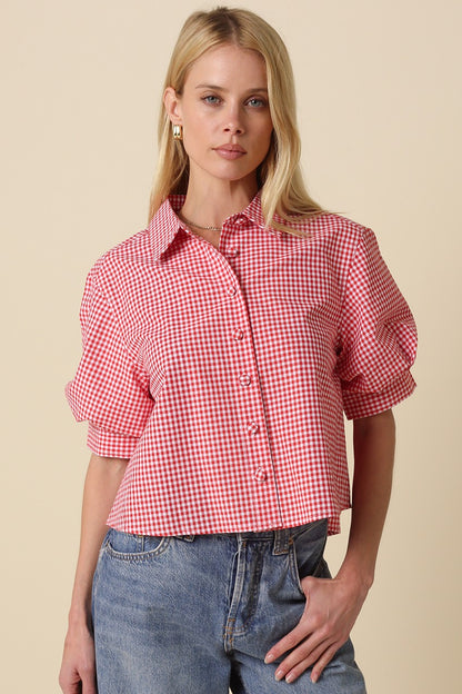 Kelsie Gingham Puff Shirt- Red