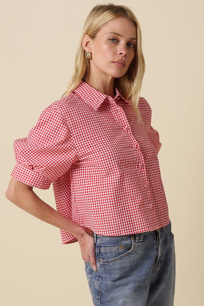 Kelsie Gingham Puff Shirt- Red