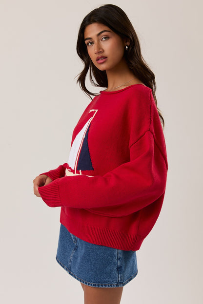 Boat Neck Sailboat Sweater- Red