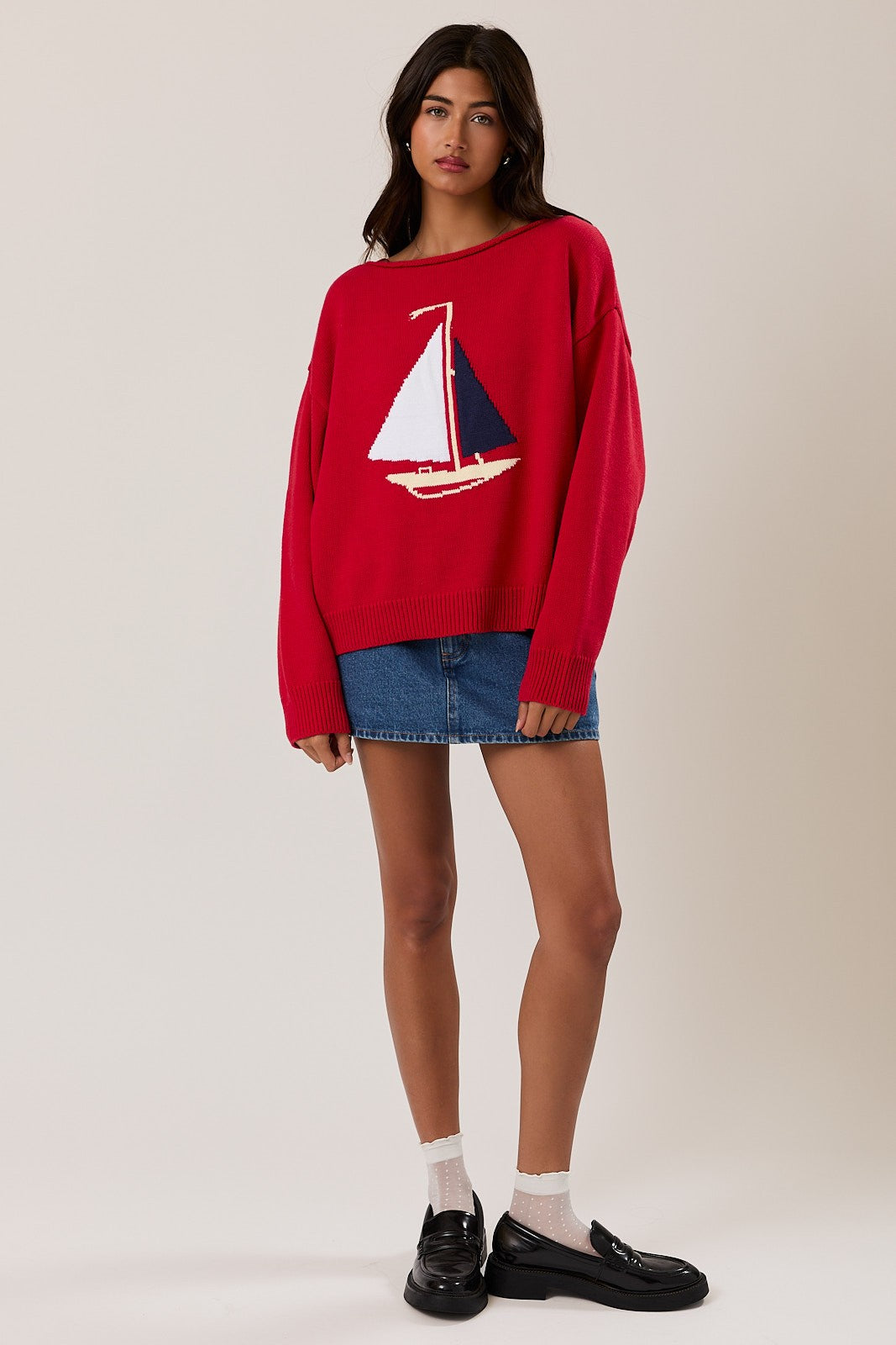 Boat Neck Sailboat Sweater- Red