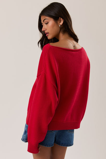 Boat Neck Sailboat Sweater- Red