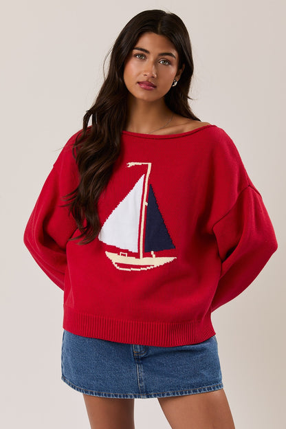 Boat Neck Sailboat Sweater- Red