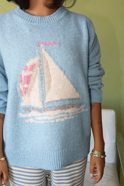 Sailboat Knit Sweater- Daisy Blue
