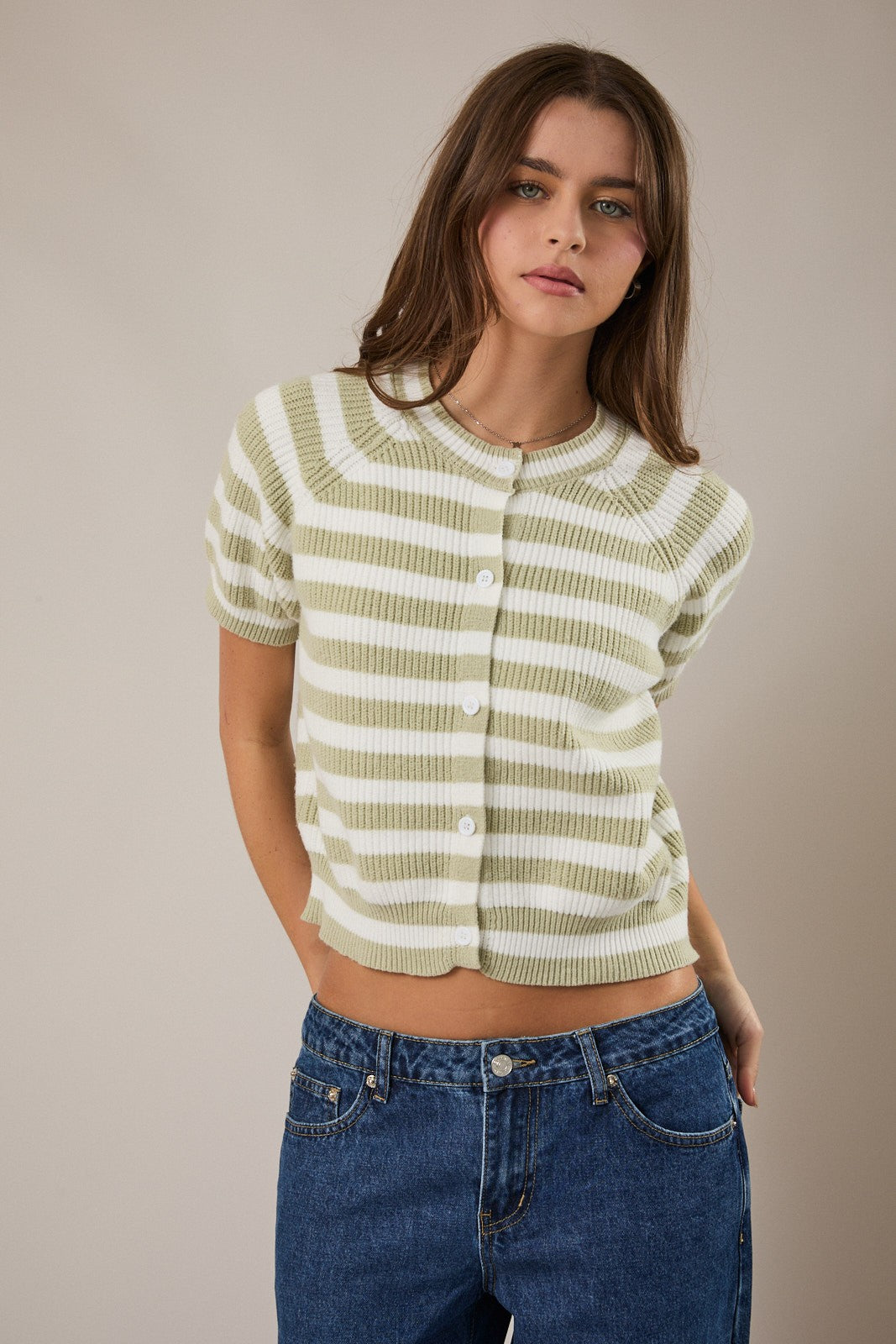 Arya Stripe Sweater- Sage/White