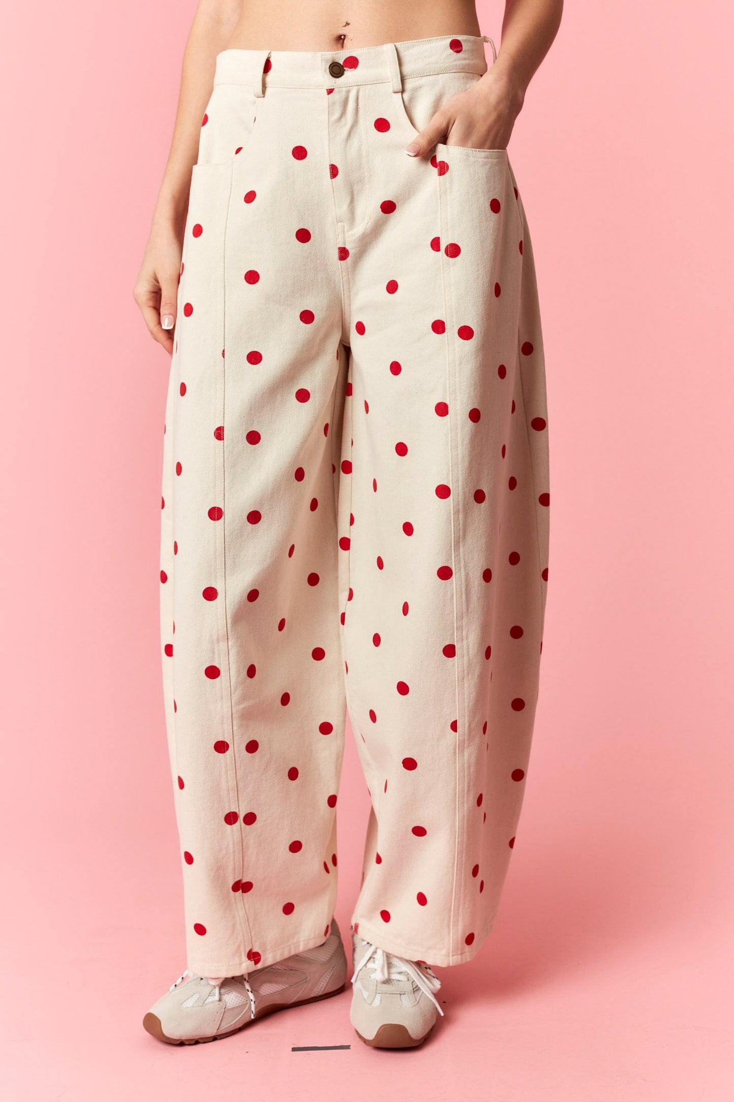 Polka Dot Denim Pants- Red