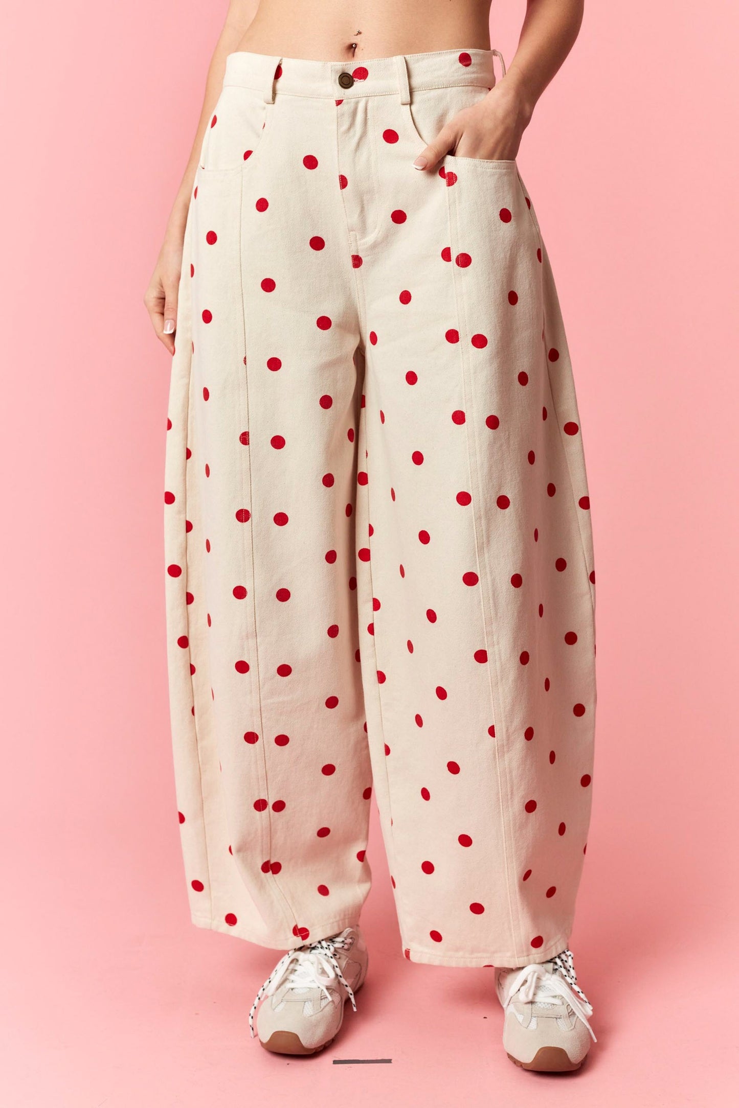 Polka Dot Denim Pants- Red