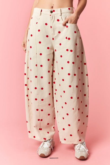 Polka Dot Denim Pants- Red