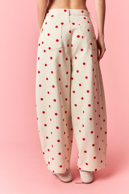 Polka Dot Denim Pants- Red