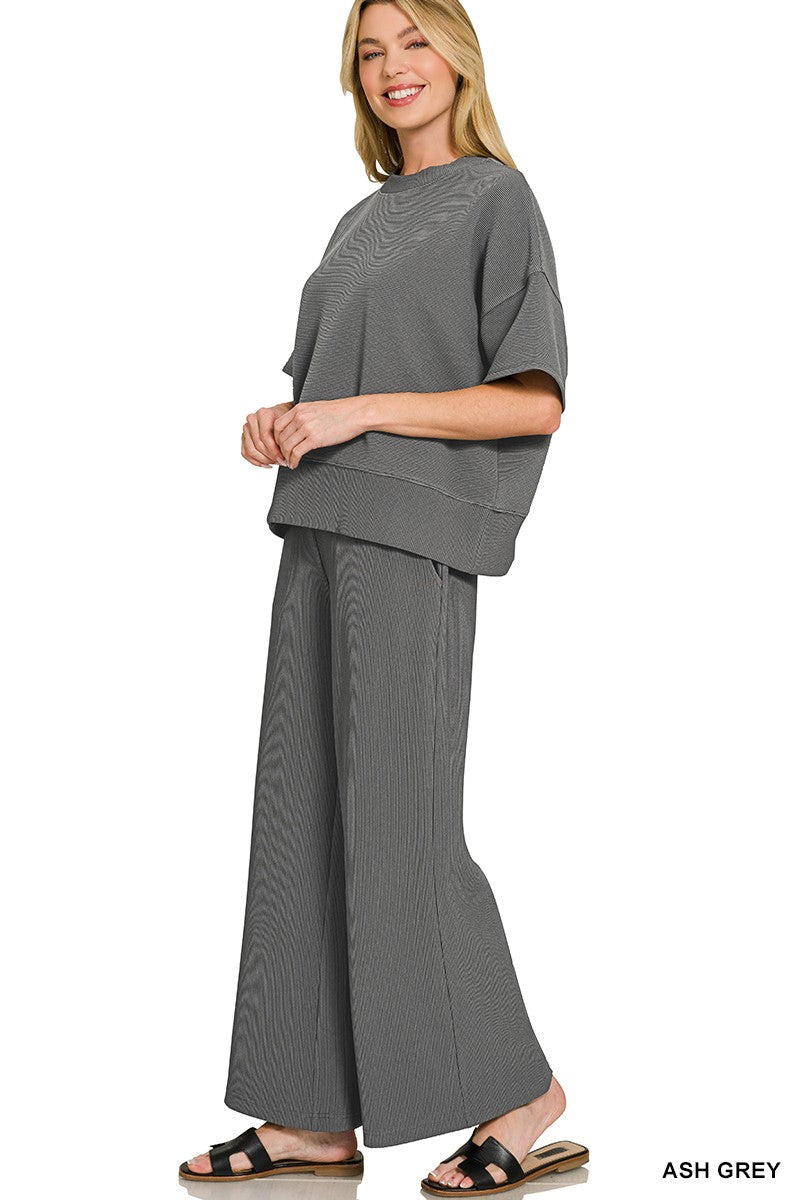 Ribbed Round Neck Tee & Pants Set- Ash Grey