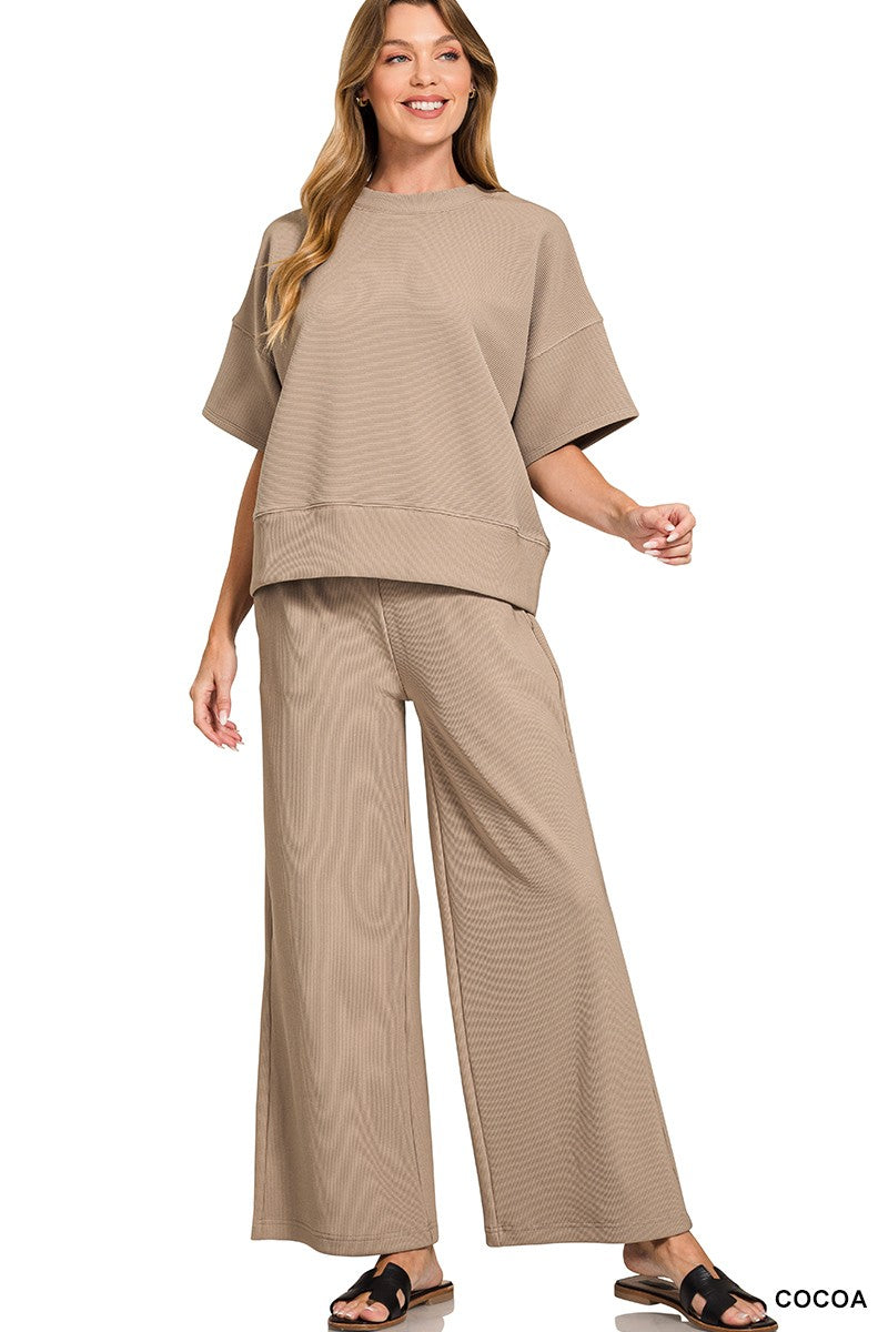 Ribbed Round Neck Tee & Pants Set- Cocoa