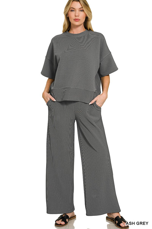 Ribbed Round Neck Tee & Pants Set- Ash Grey