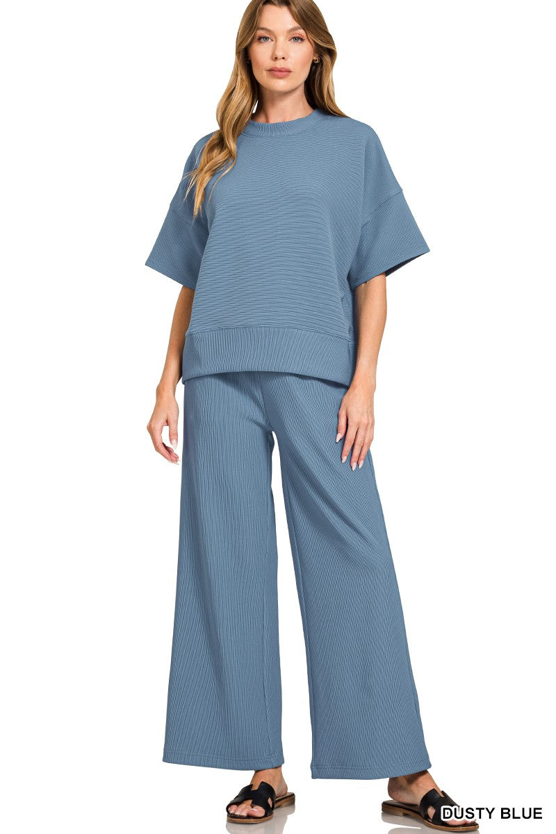 Ribbed Round Neck Tee & Pants Set- Dusty Blue