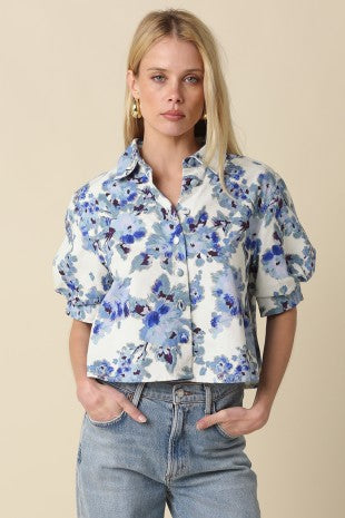 Sena Floral Cropped Shirt- Blue