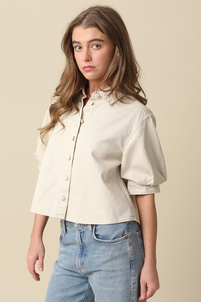 Kaia Puff-sleeve Cropped Shirt- Natural
