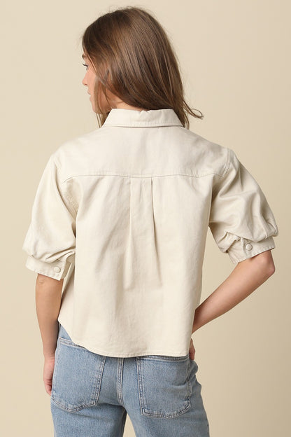 Kaia Puff-sleeve Cropped Shirt- Natural