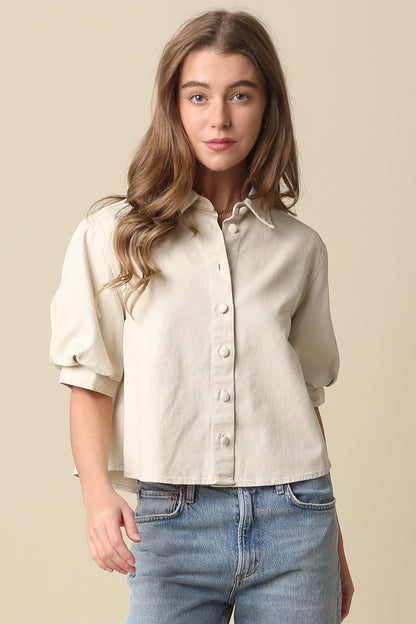 Kaia Puff-sleeve Cropped Shirt- Natural
