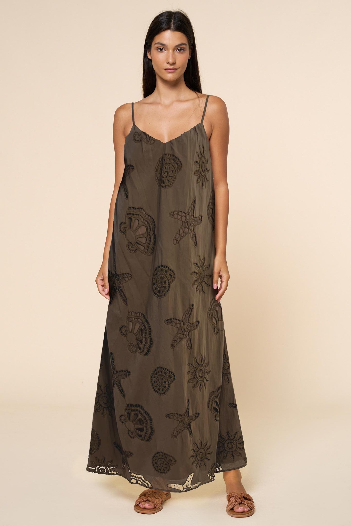 Star Fish Eyelet Maxi Dress- Brown