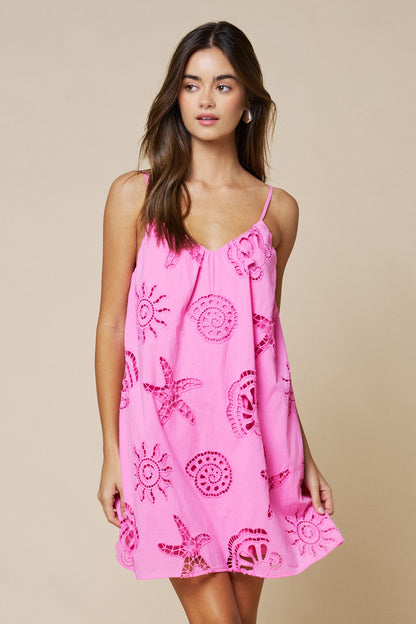 Sea Shell Embroidery Mini Dress- Pink